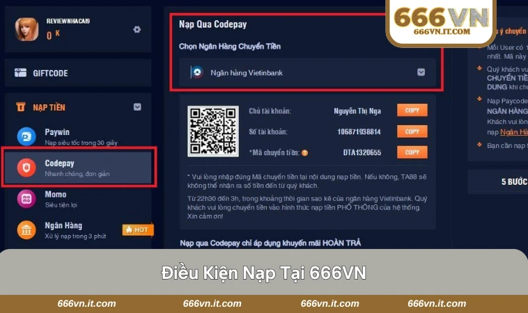 Giao diện hướng dẫn điều kiện và yêu cầu nạp tiền tại 666VN